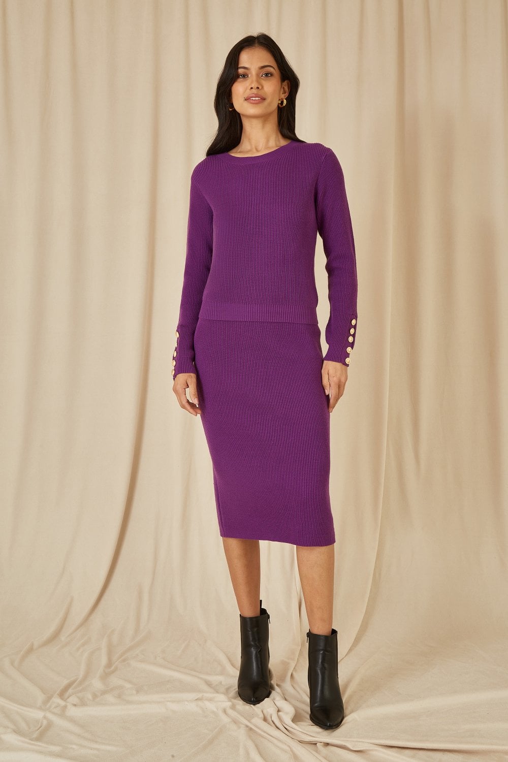 Yumi Purple Rib Knitted Jumper With Sleeve Button Detail Yumi