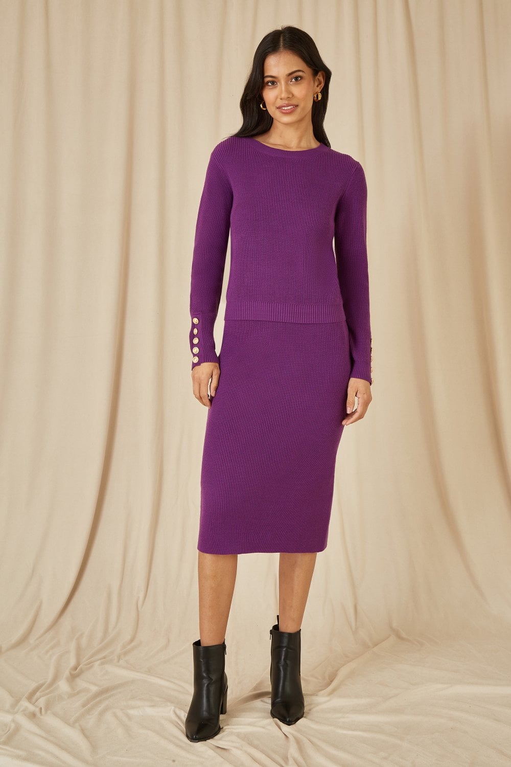 Yumi Purple Rib Knitted Midi Column Skirt Yumi