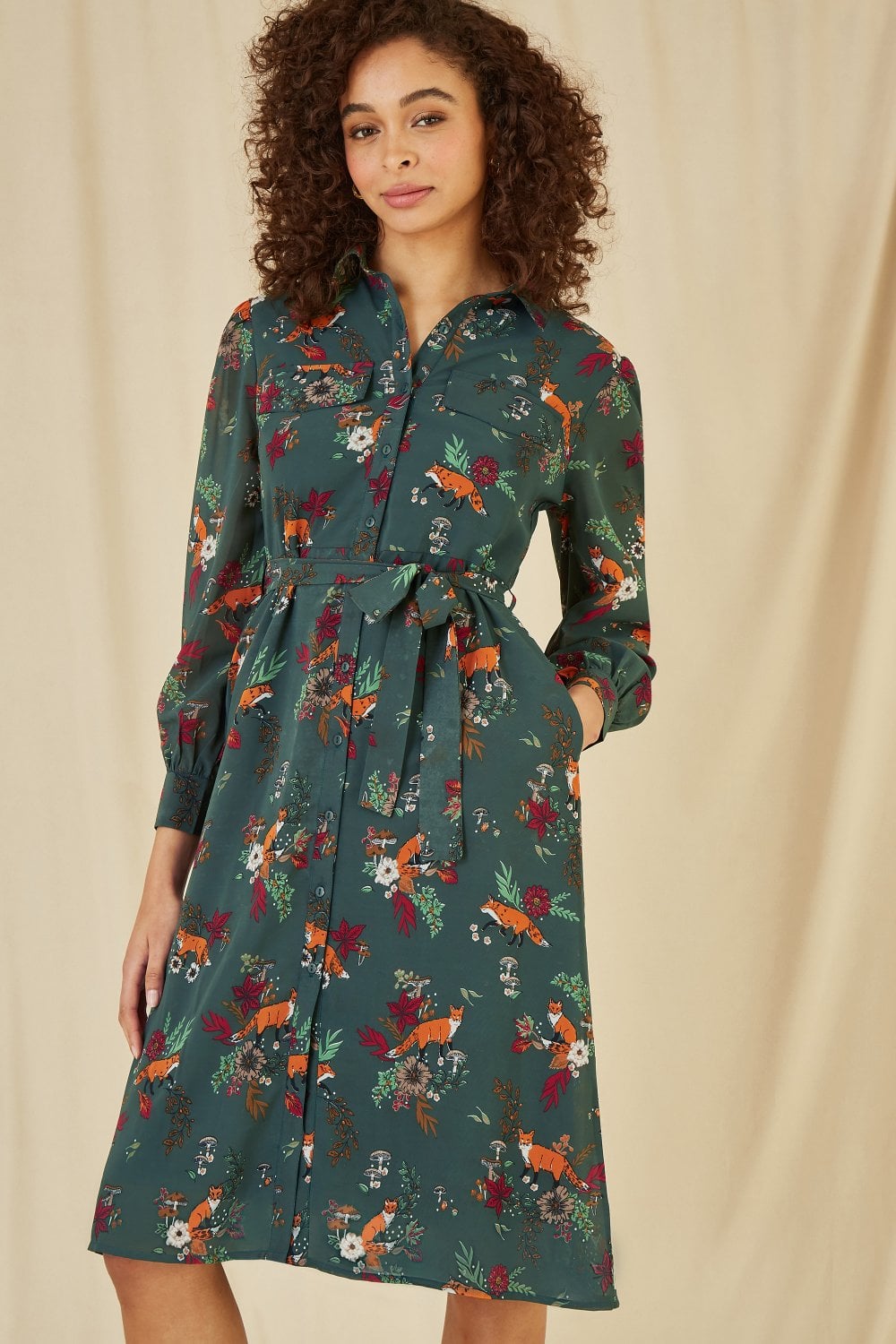 Yumi Recycled Green Fox Print Shirt Midi Dress Yumi