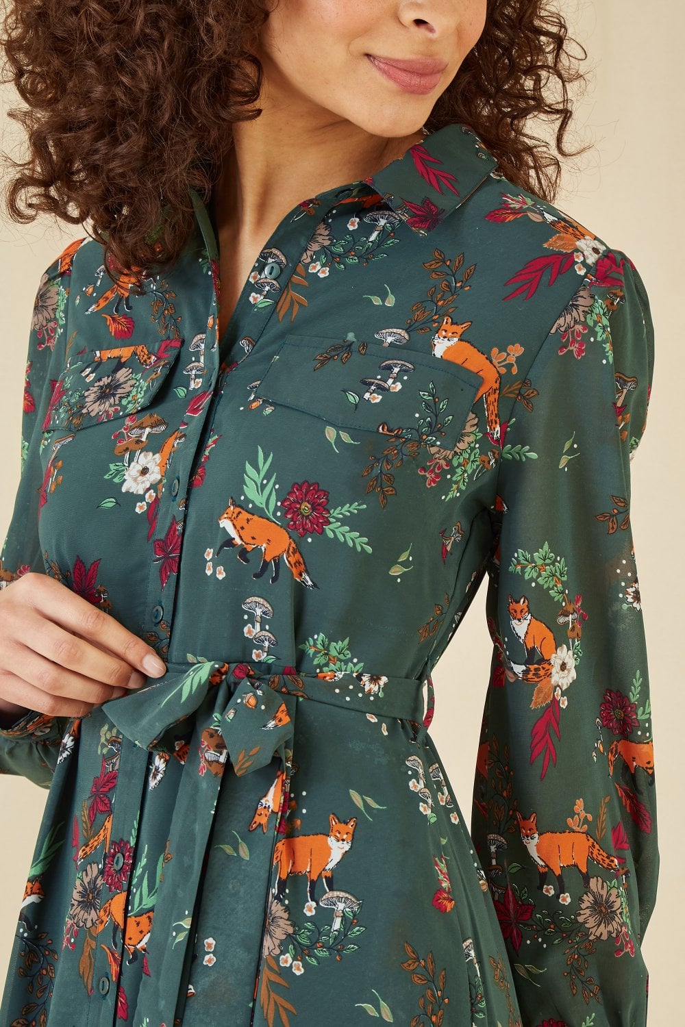 Yumi Recycled Green Fox Print Shirt Midi Dress Yumi