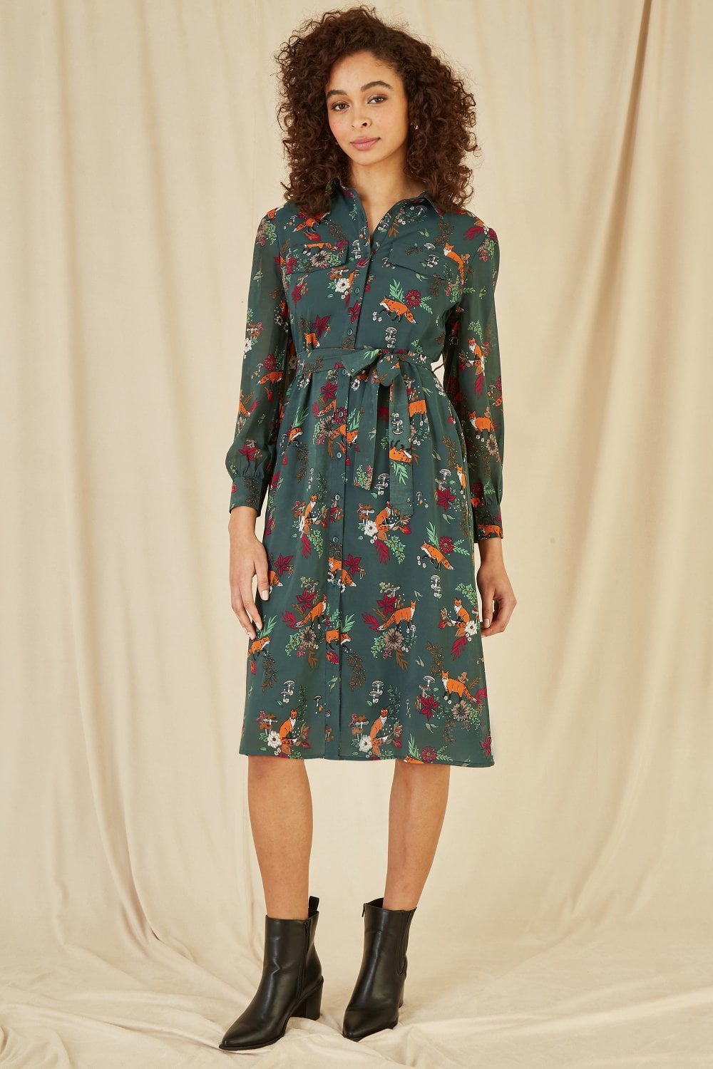 Yumi Recycled Green Fox Print Shirt Midi Dress Yumi