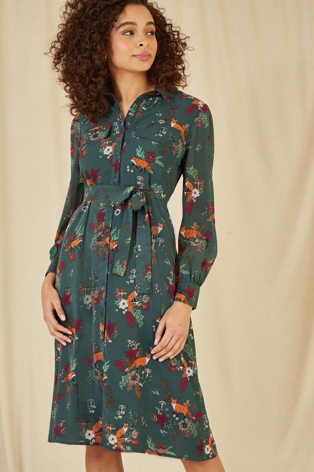 Yumi Recycled Green Fox Print Shirt Midi Dress Yumi