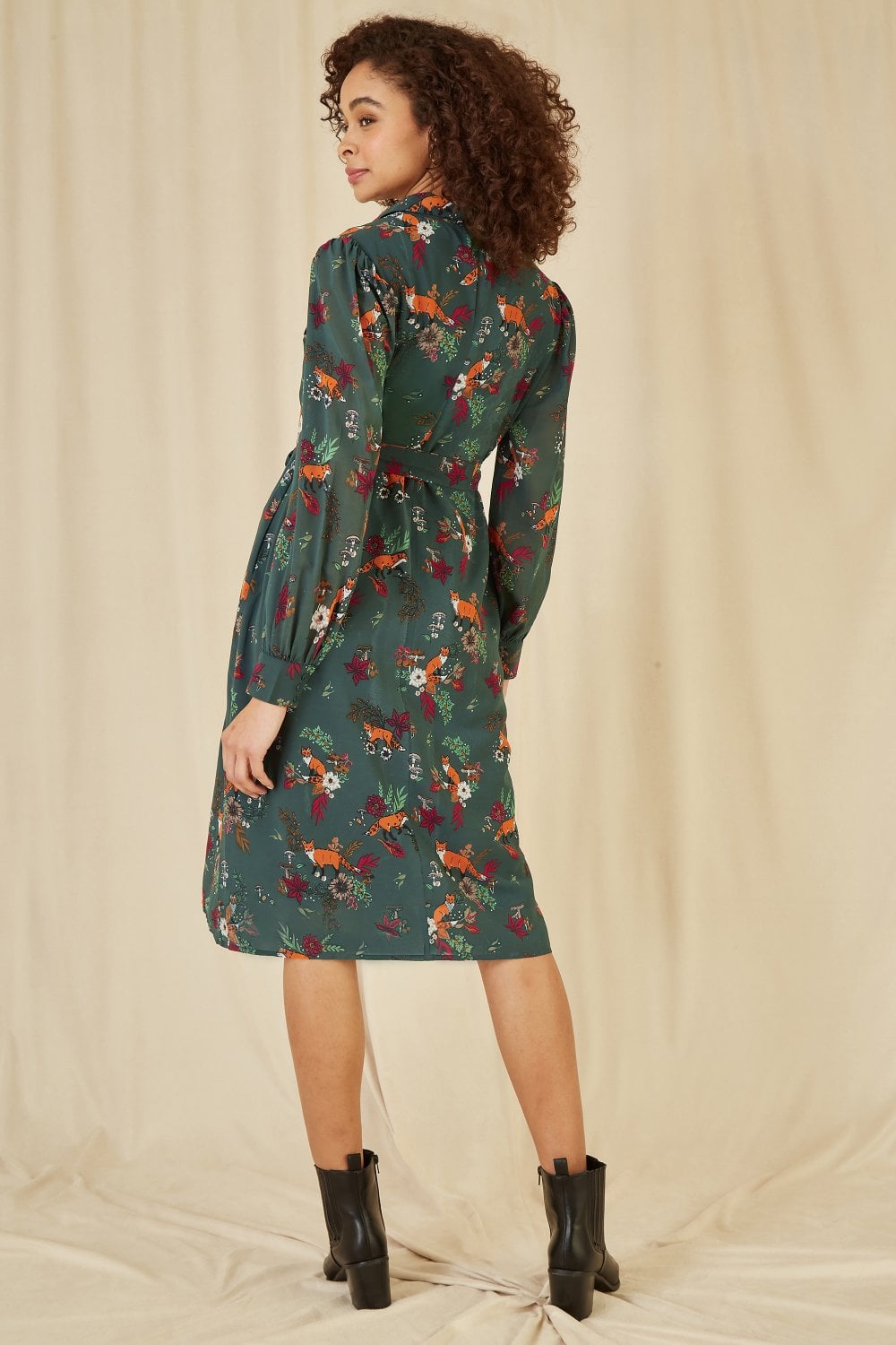 Yumi Recycled Green Fox Print Shirt Midi Dress Yumi