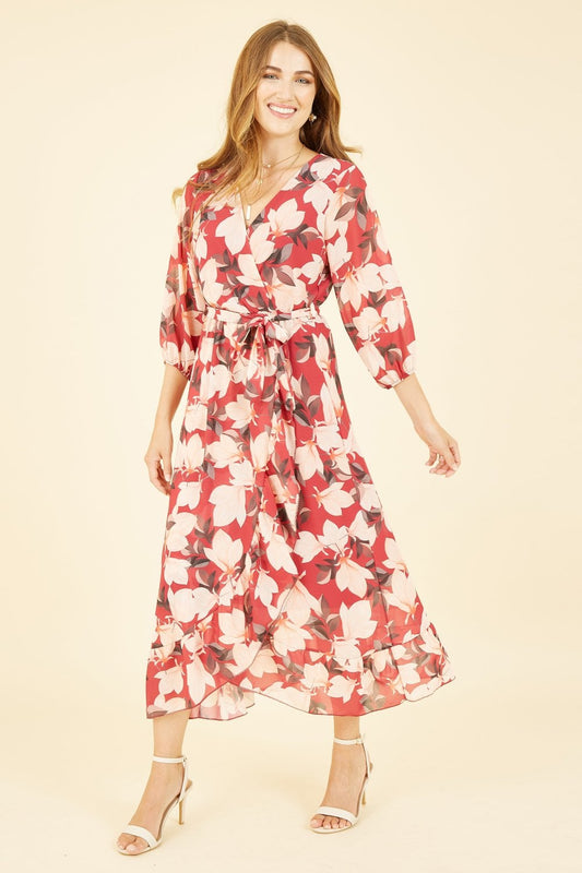 Yumi Red Blossom Wrap Midi Dress With 3/4 Sleeves Yumi