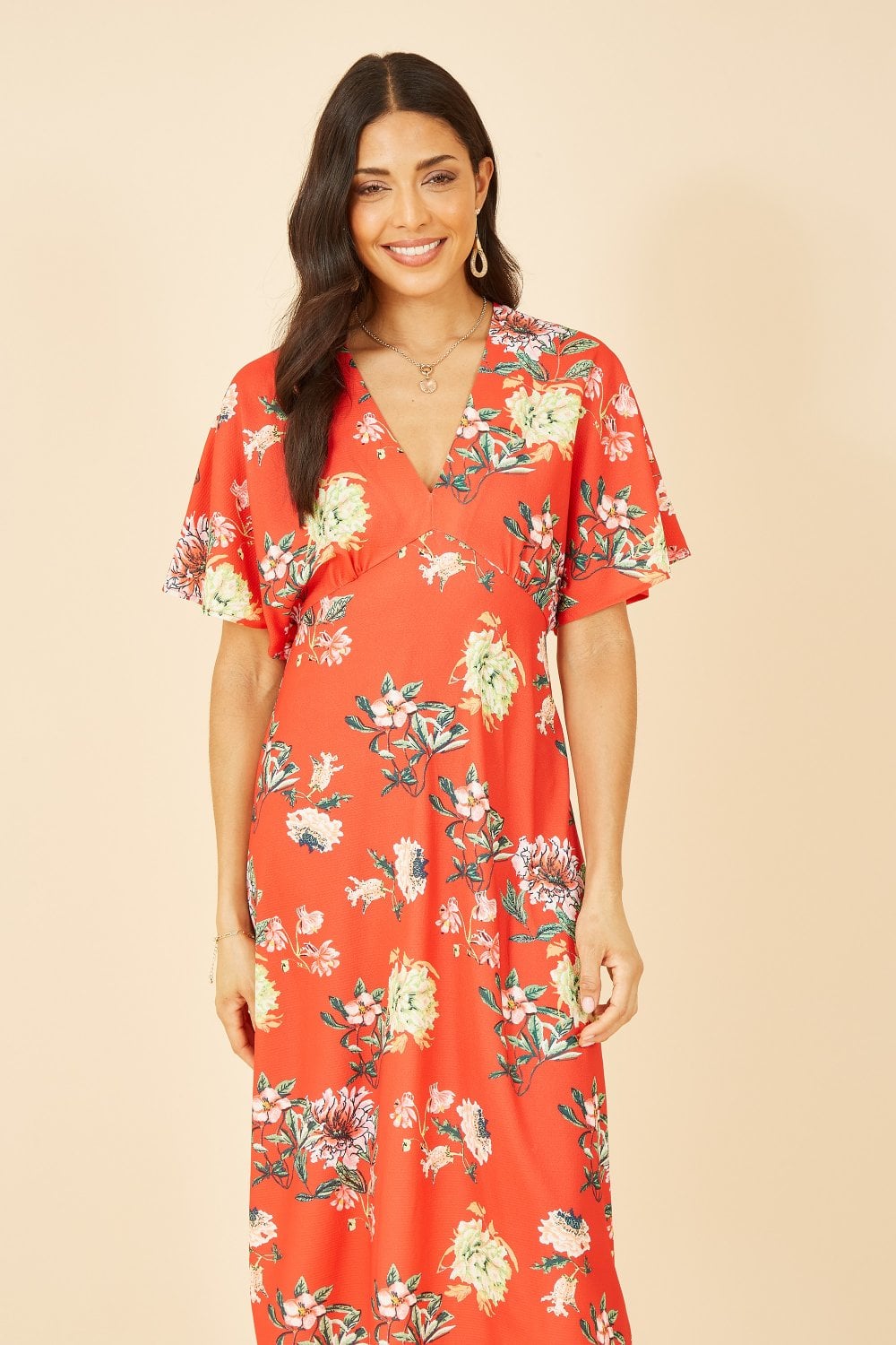 Yumi Red Floral Kimono Midi Dress Yumi