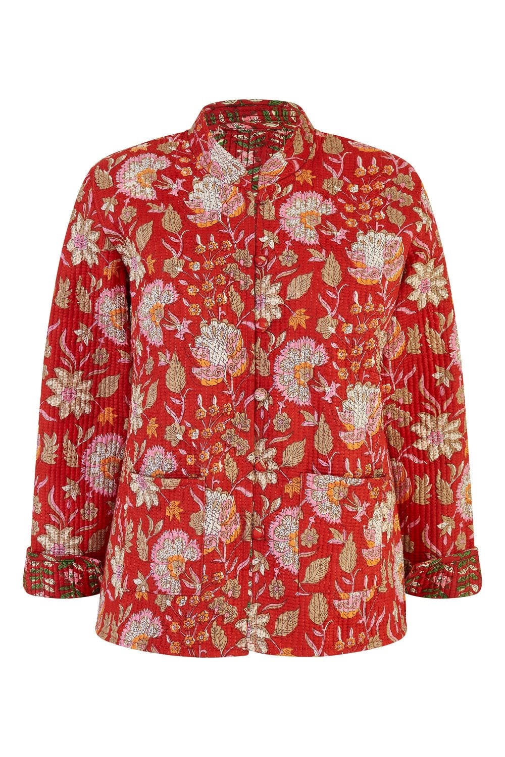 Yumi Red Floral Print Reversible Cotton Quilted Jacket Yumi