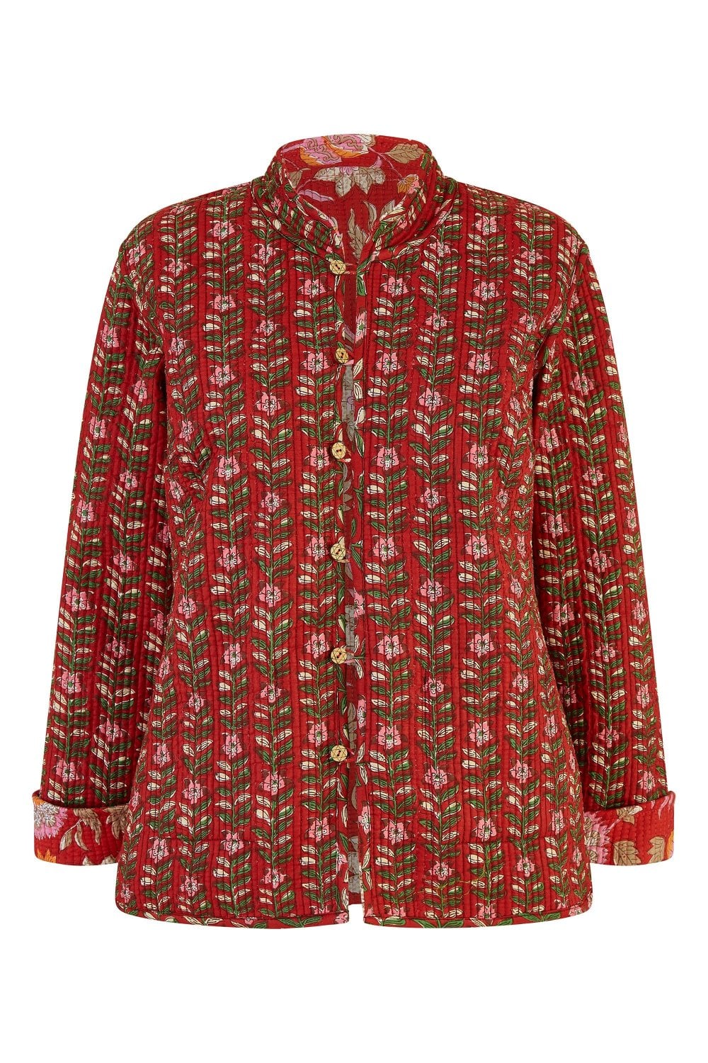 Yumi Red Floral Print Reversible Cotton Quilted Jacket Yumi