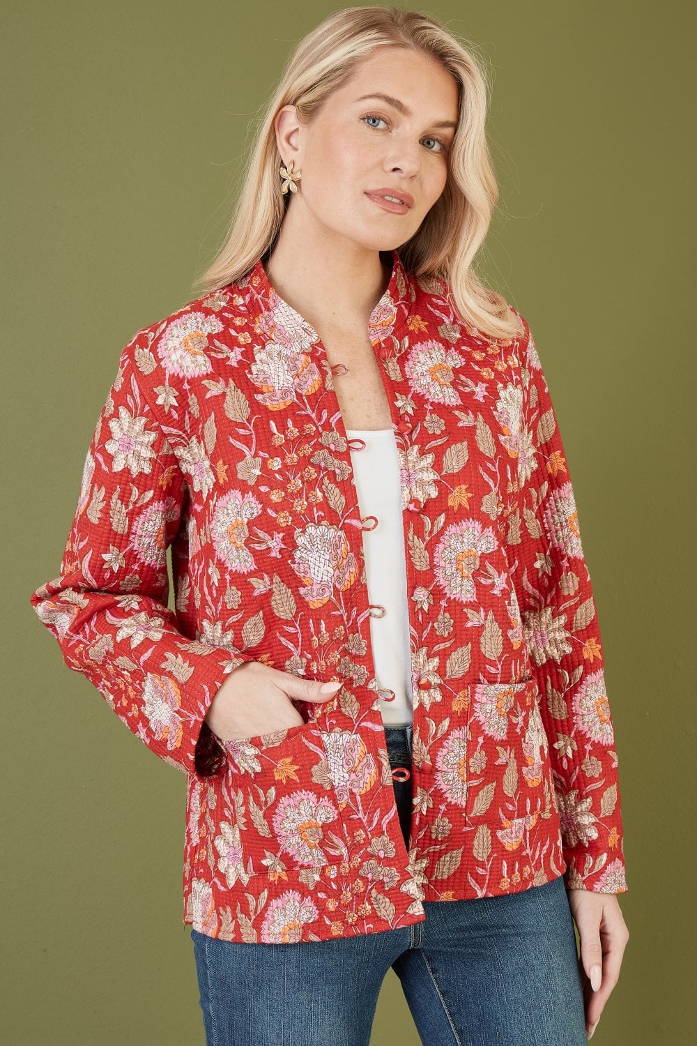 Yumi Red Floral Print Reversible Cotton Quilted Jacket Yumi