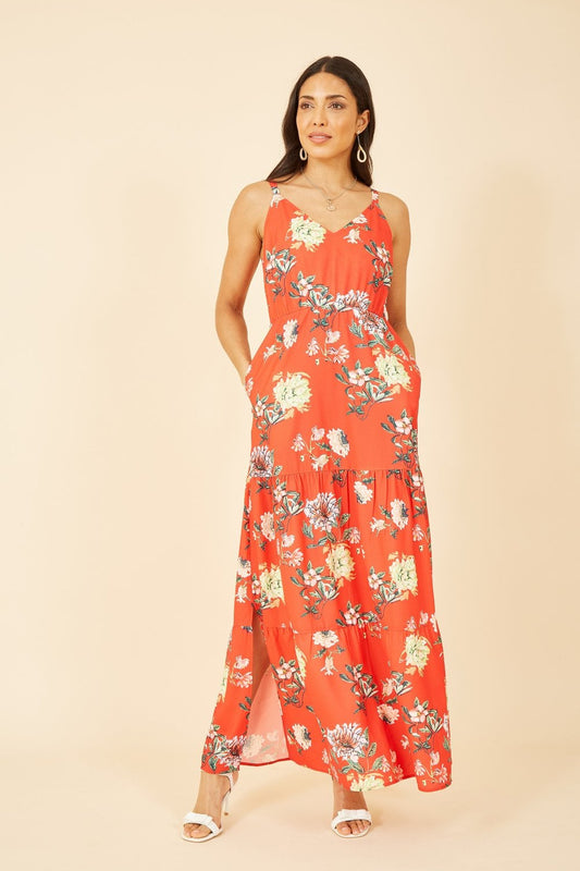 Yumi Red Floral Strappy Tiered Maxi Dress Yumi