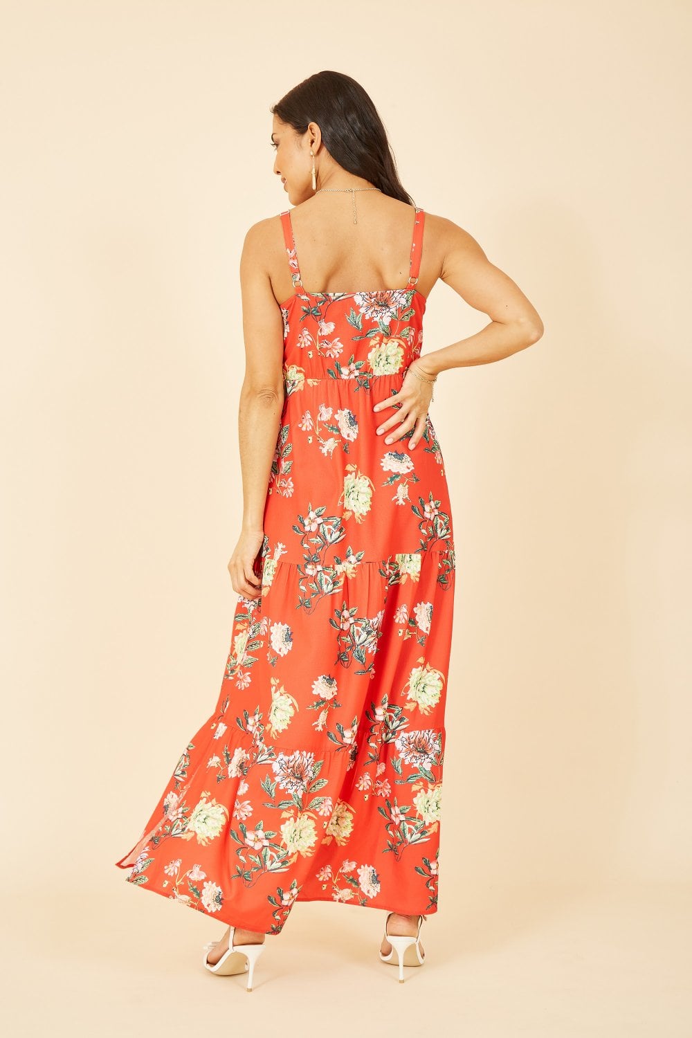 Yumi Red Floral Strappy Tiered Maxi Dress Yumi