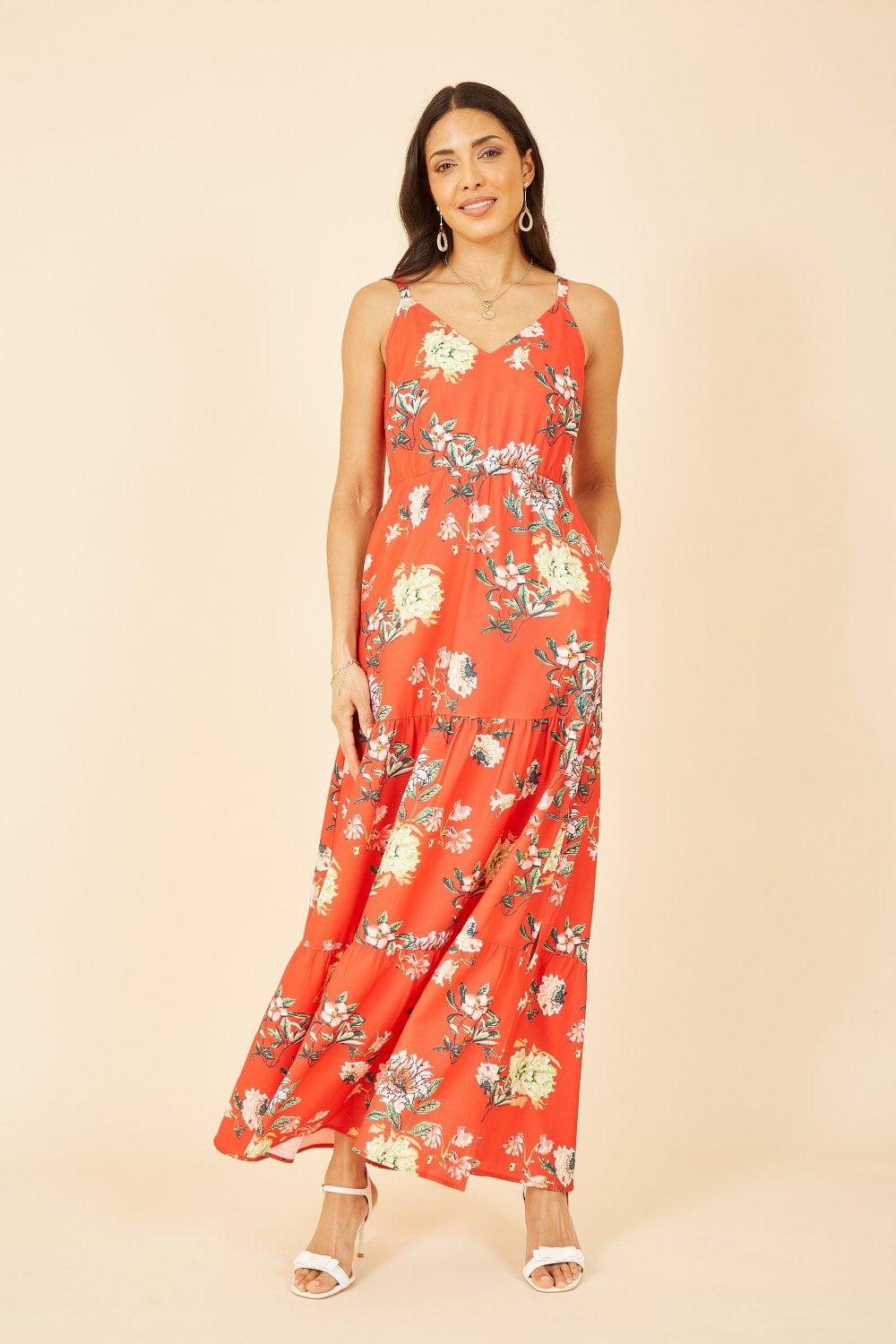 Yumi Red Floral Strappy Tiered Maxi Dress Yumi