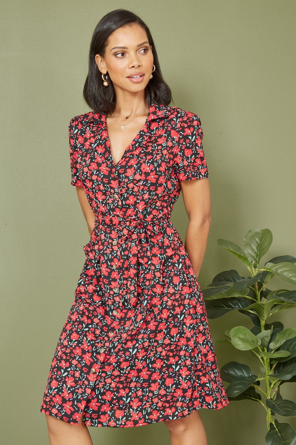 Yumi Red Poppy Print Retro Shirt Dress Yumi