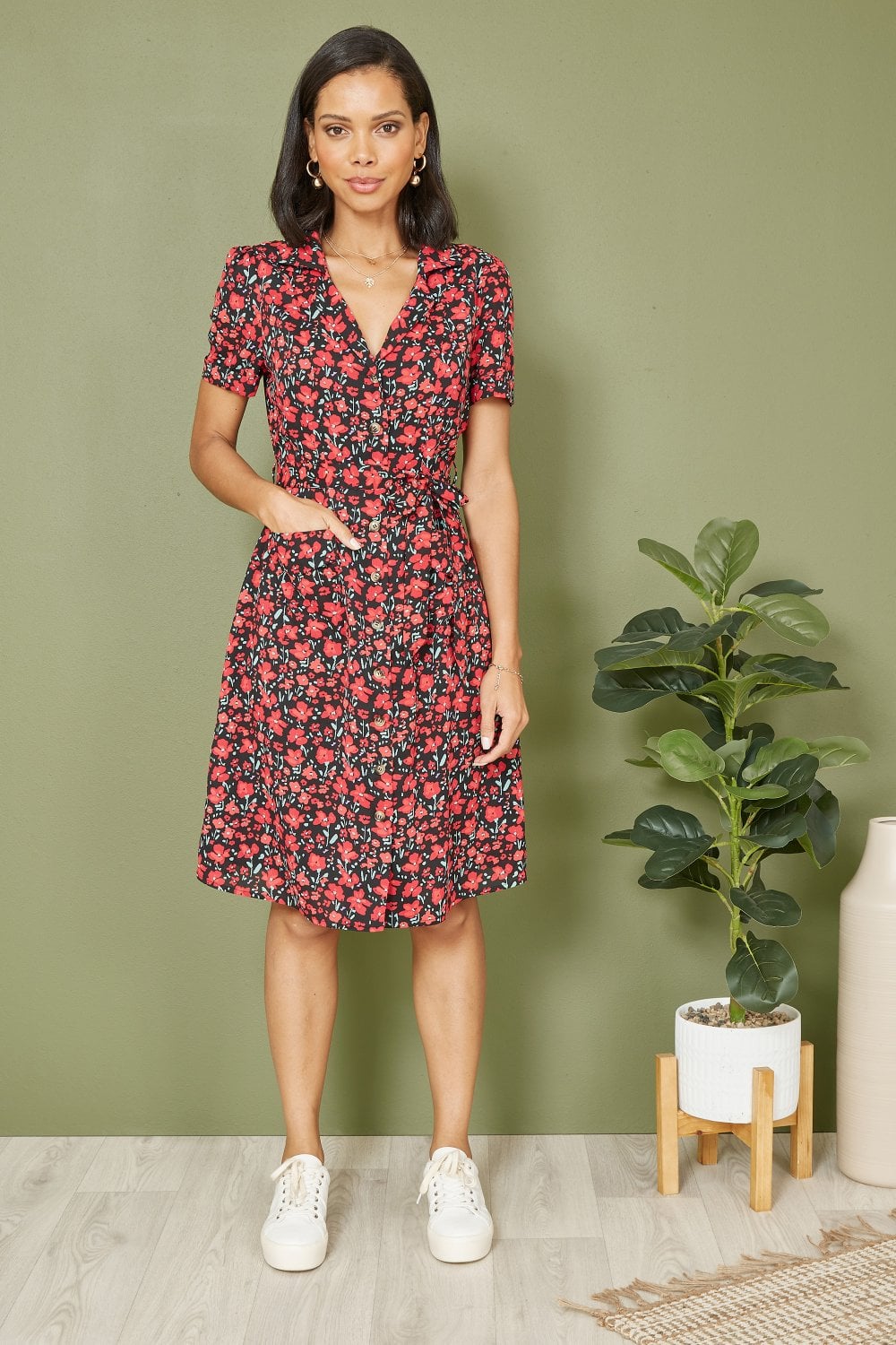 Yumi Red Poppy Print Retro Shirt Dress Yumi