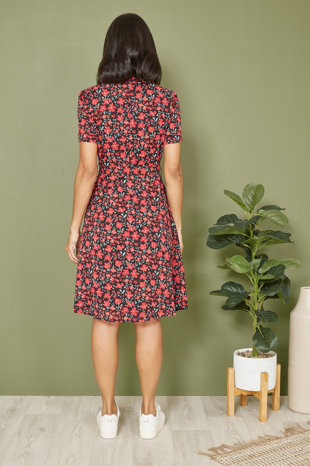 Yumi Red Poppy Print Retro Shirt Dress Yumi