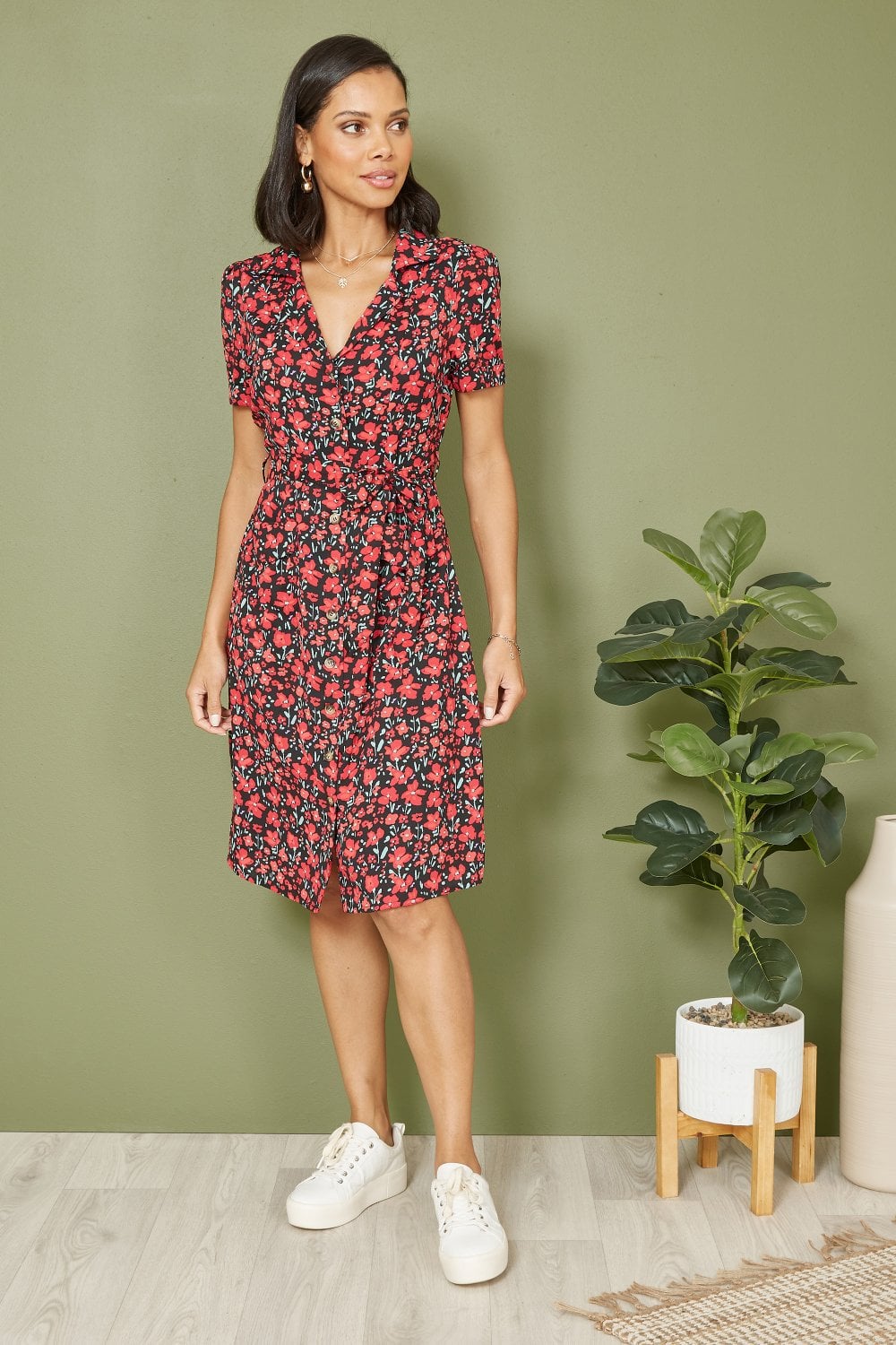 Yumi Red Poppy Print Retro Shirt Dress Yumi