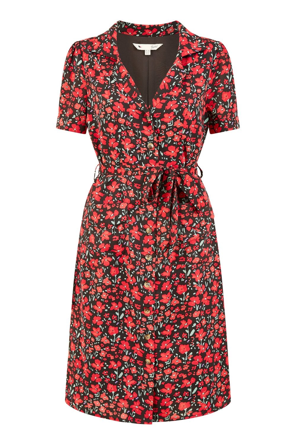 Yumi Red Poppy Print Retro Shirt Dress Yumi