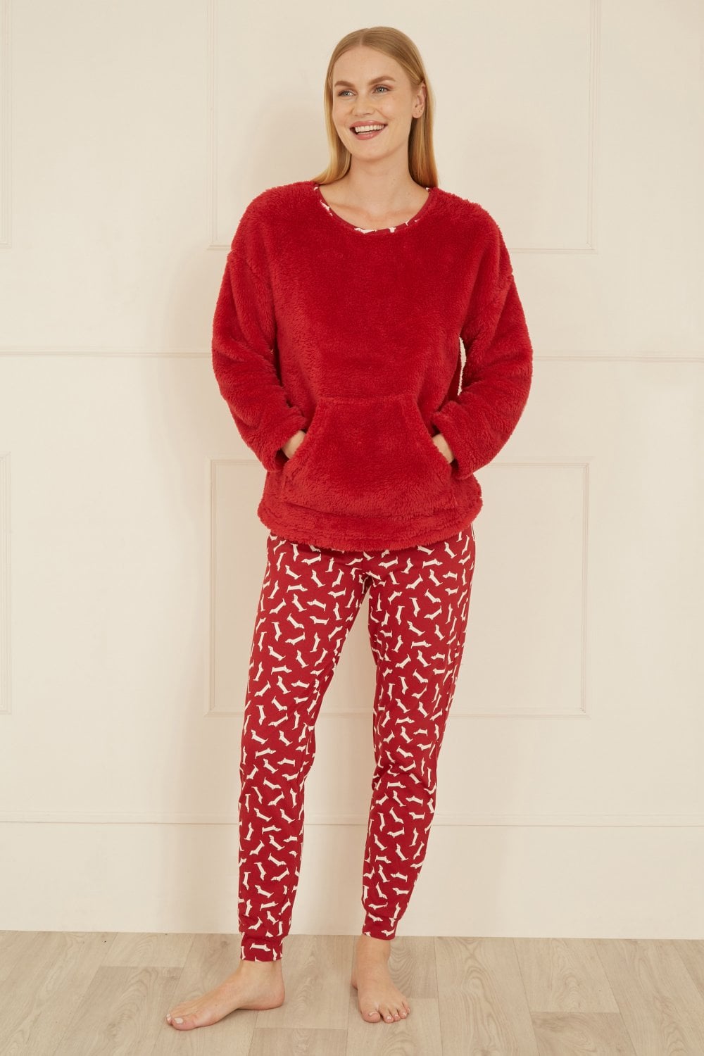 Yumi Red Pyjamas With Fleece Top And Dachshund Print Trousers Yumi