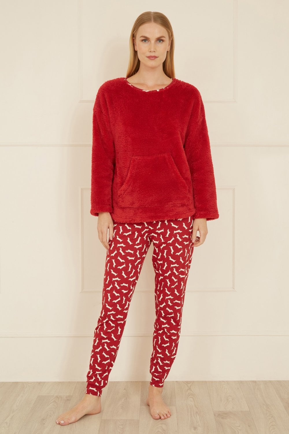 Yumi Red Pyjamas With Fleece Top And Dachshund Print Trousers Yumi