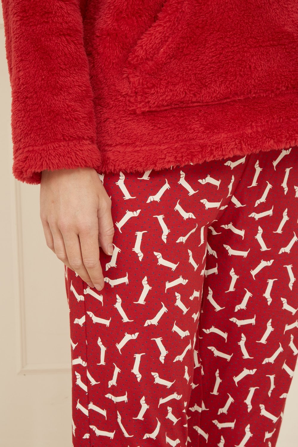 Yumi Red Pyjamas With Fleece Top And Dachshund Print Trousers Yumi