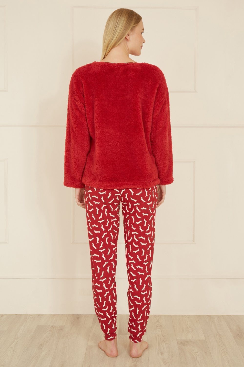 Yumi Red Pyjamas With Fleece Top And Dachshund Print Trousers Yumi