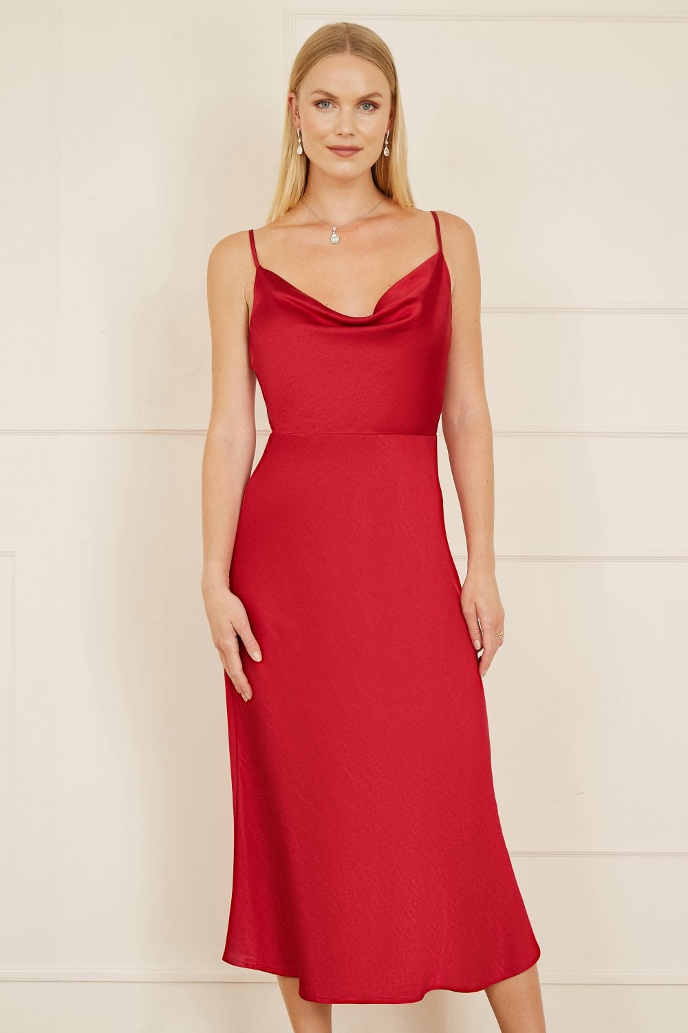 Yumi Red Satin Cowl Neck Midi Slip Dress Yumi