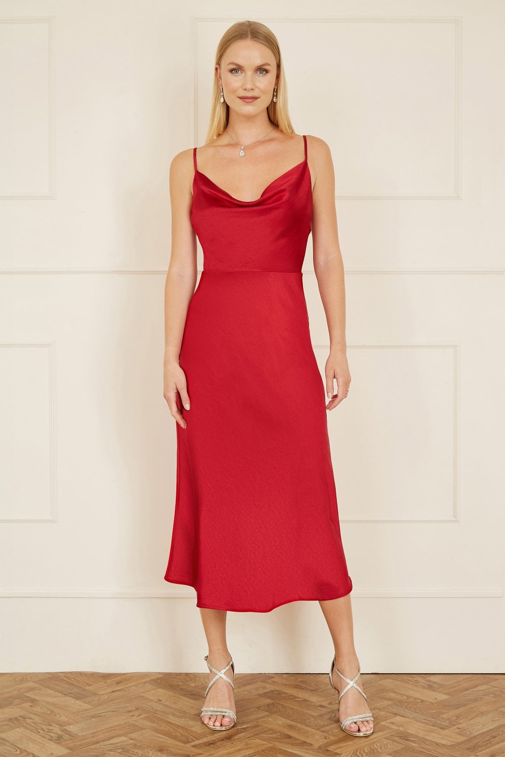 Yumi Red Satin Cowl Neck Midi Slip Dress Yumi