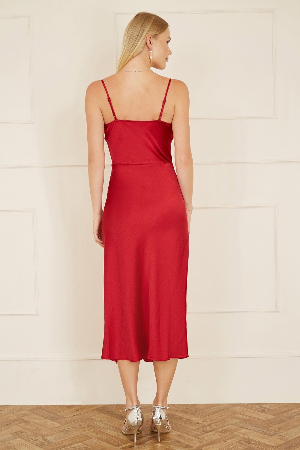 Yumi Red Satin Cowl Neck Midi Slip Dress Yumi