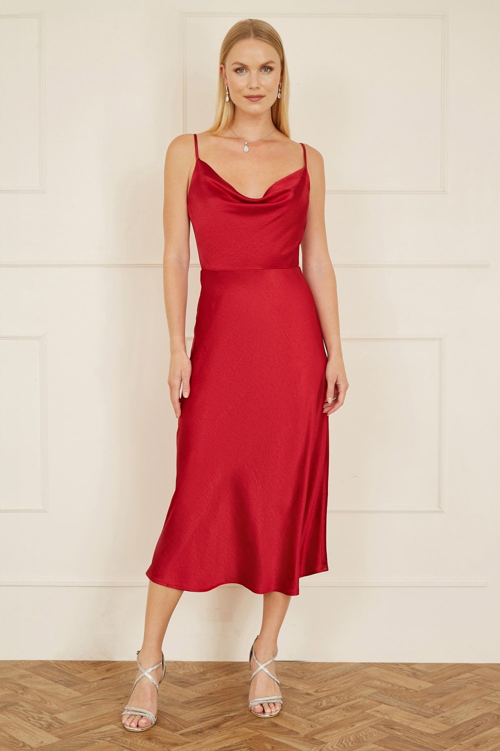 Yumi Red Satin Cowl Neck Midi Slip Dress Yumi