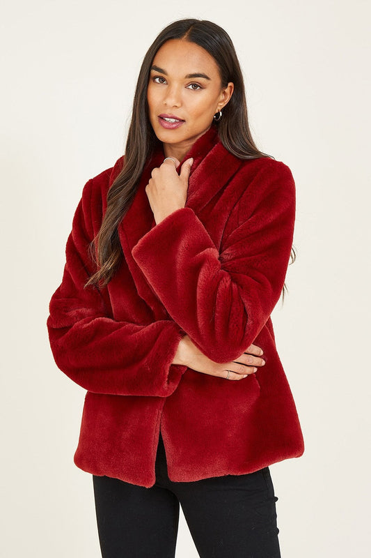 Yumi Red Short Wrap Faux Fur Coat Yumi