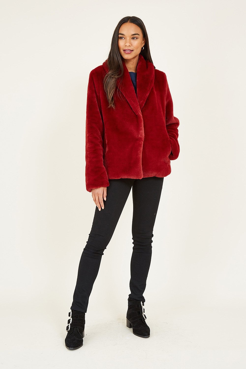 Yumi Red Short Wrap Faux Fur Coat Yumi