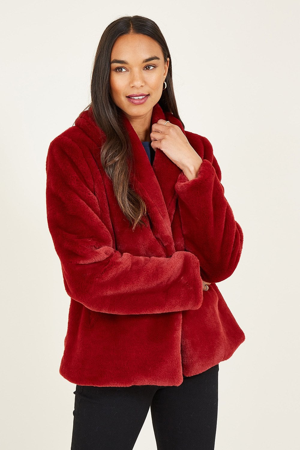 Yumi Red Short Wrap Faux Fur Coat Yumi