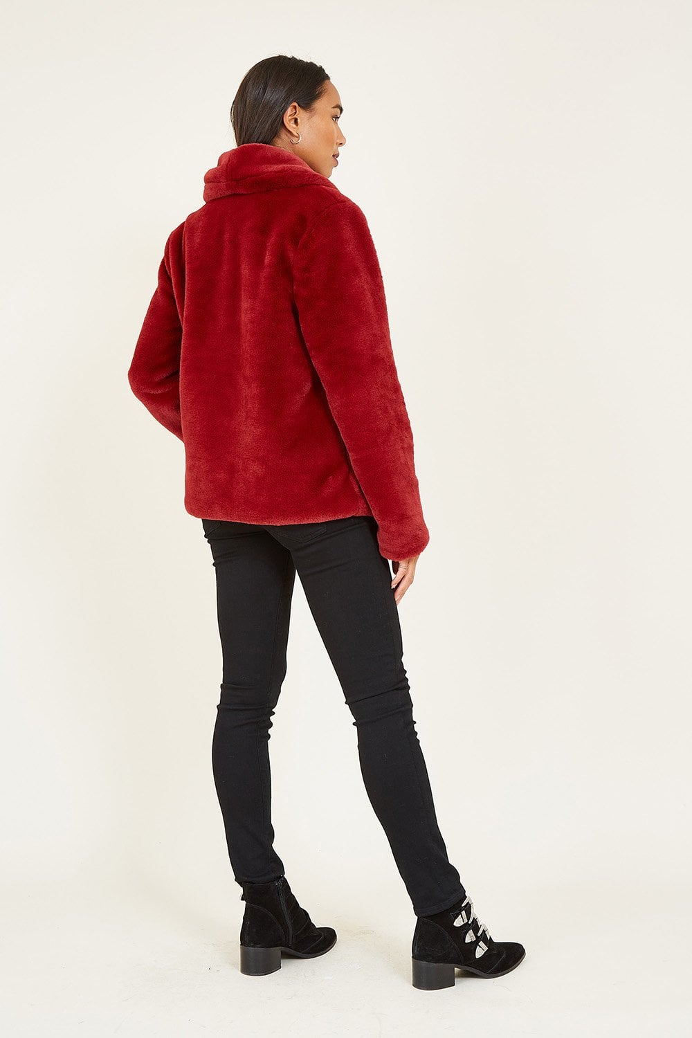 Yumi Red Short Wrap Faux Fur Coat Yumi