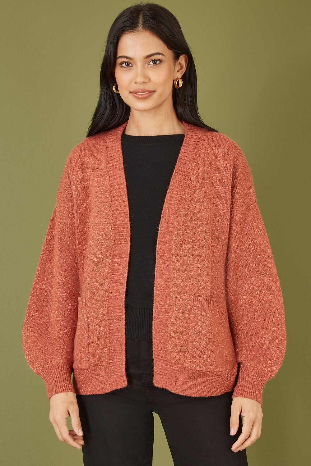 Yumi Rust Metallic Relaxed Slouchy Cardigan With Pockets Yumi