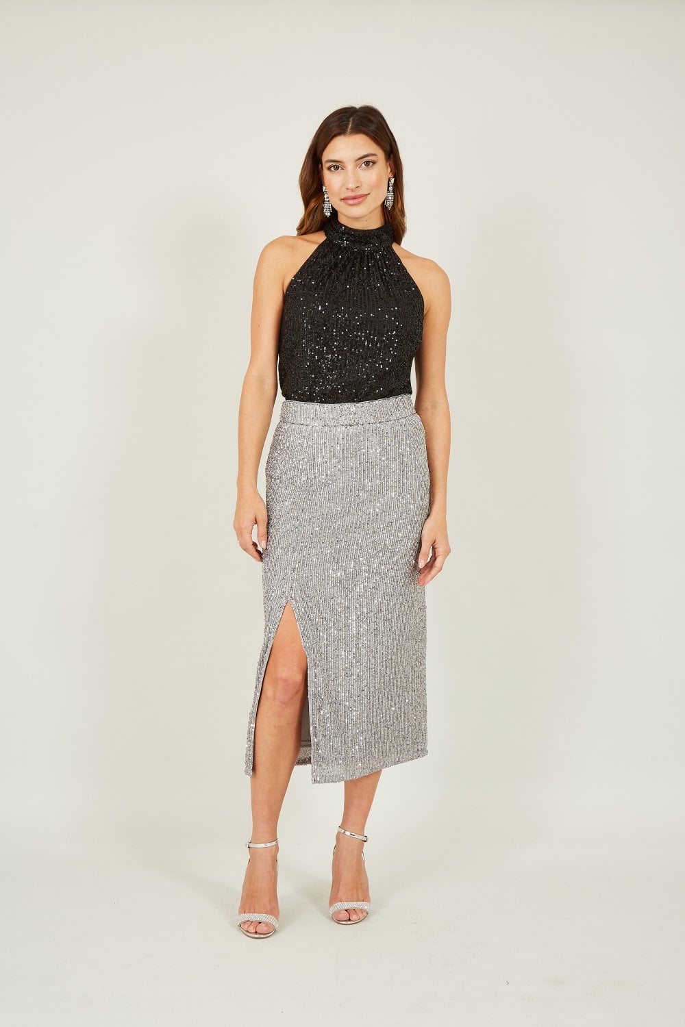 Yumi Silver Sequin Fitted Skirt With Front Slit Yumi