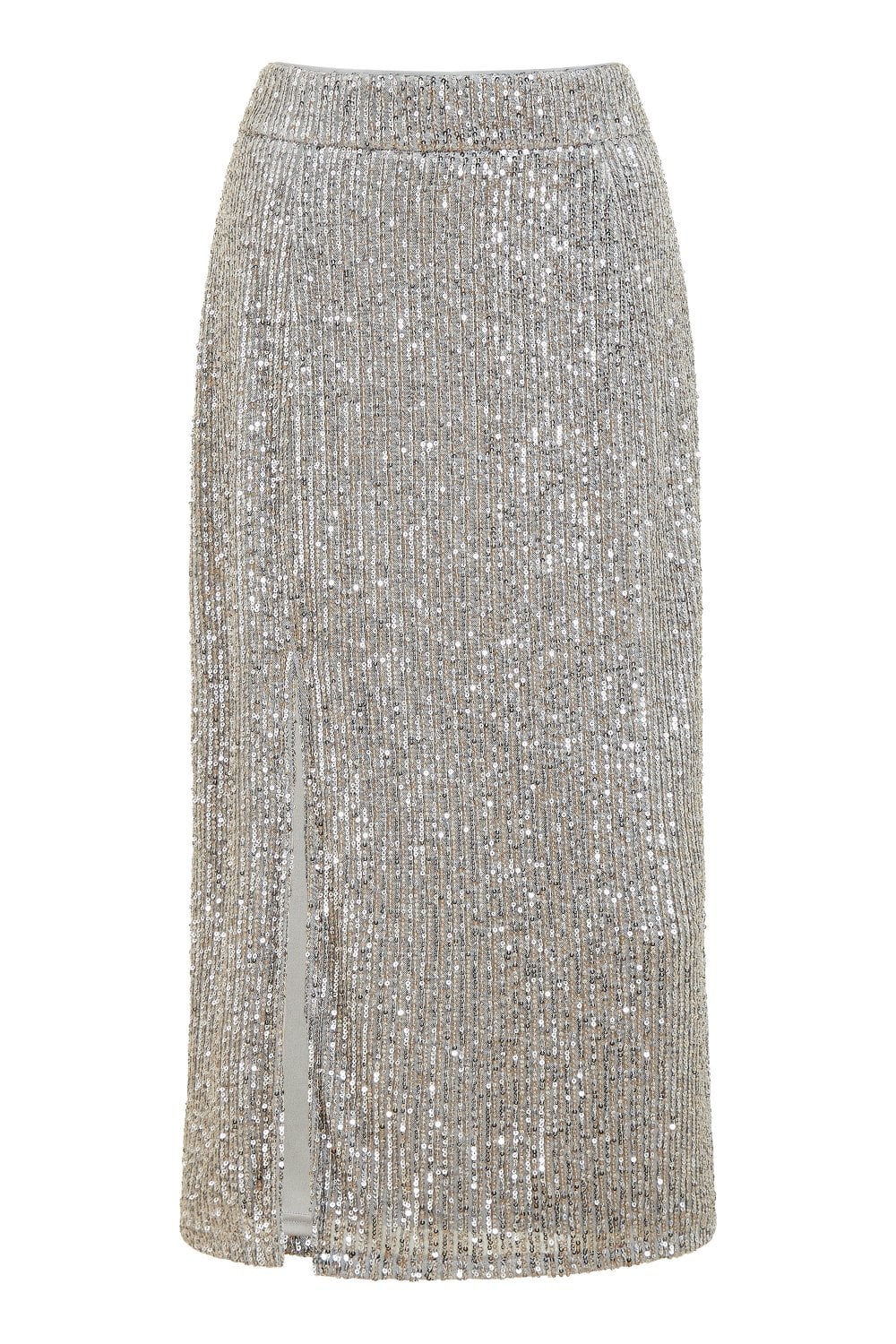 Yumi Silver Sequin Fitted Skirt With Front Slit Yumi