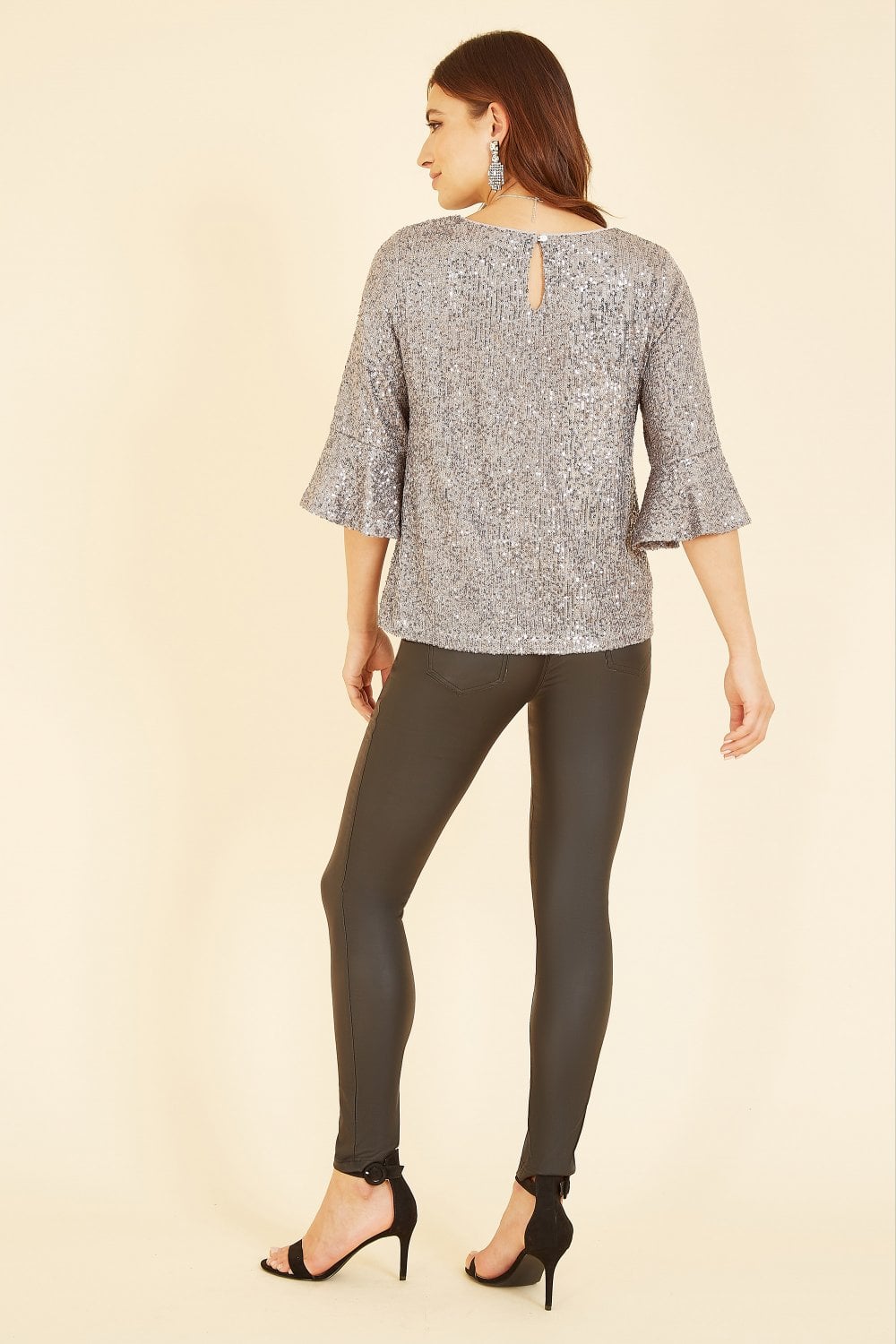 Yumi Silver Sequin Top With Fluted Sleeve Yumi