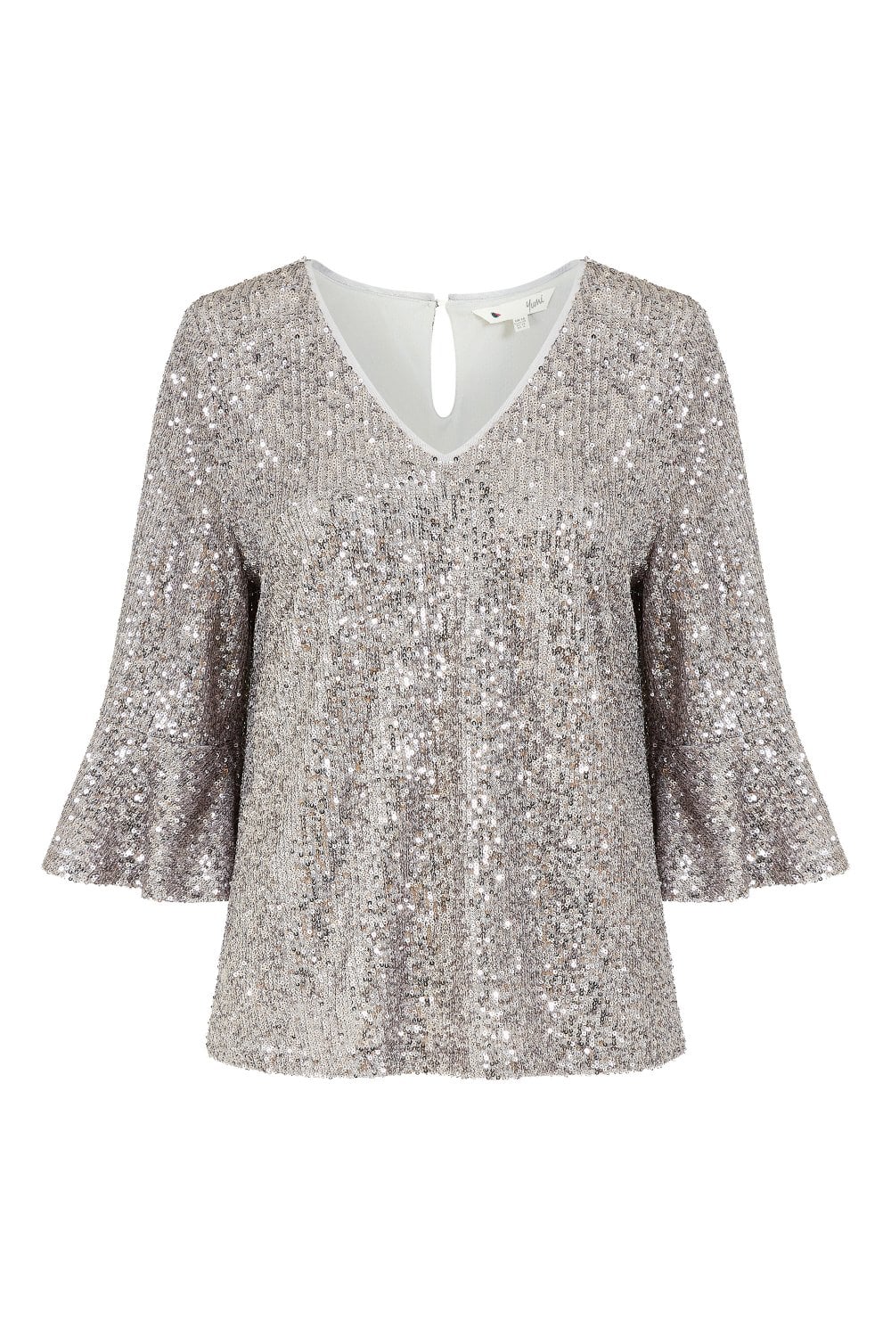 Yumi Silver Sequin Top With Fluted Sleeve Yumi