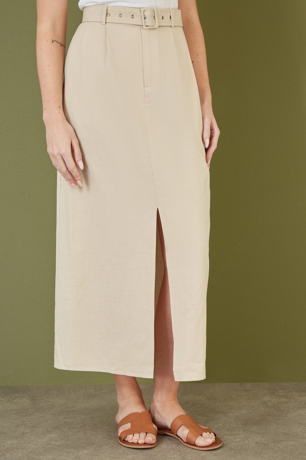 Yumi Stone Cotton Midi Skirt With Belt And Split Hem Yumi