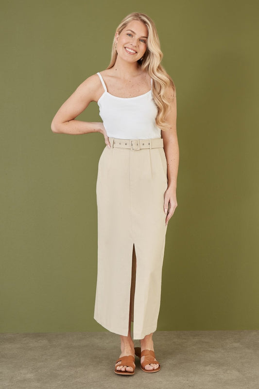 Yumi Stone Cotton Midi Skirt With Belt And Split Hem Yumi