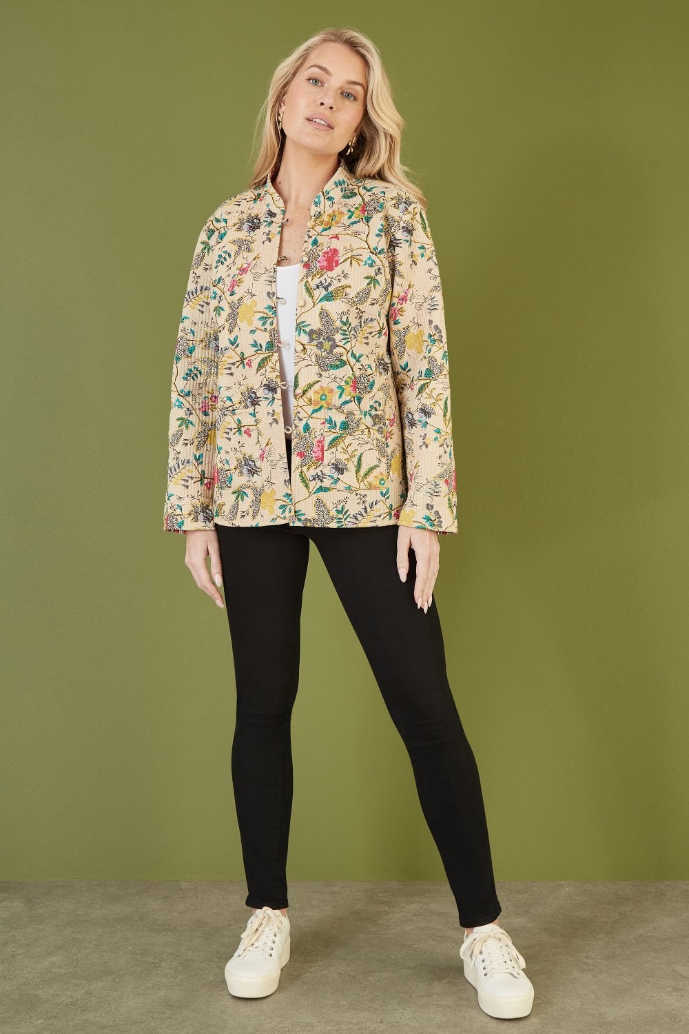 Yumi Stone Floral Print Reversible Cotton Quilted Jacket Yumi