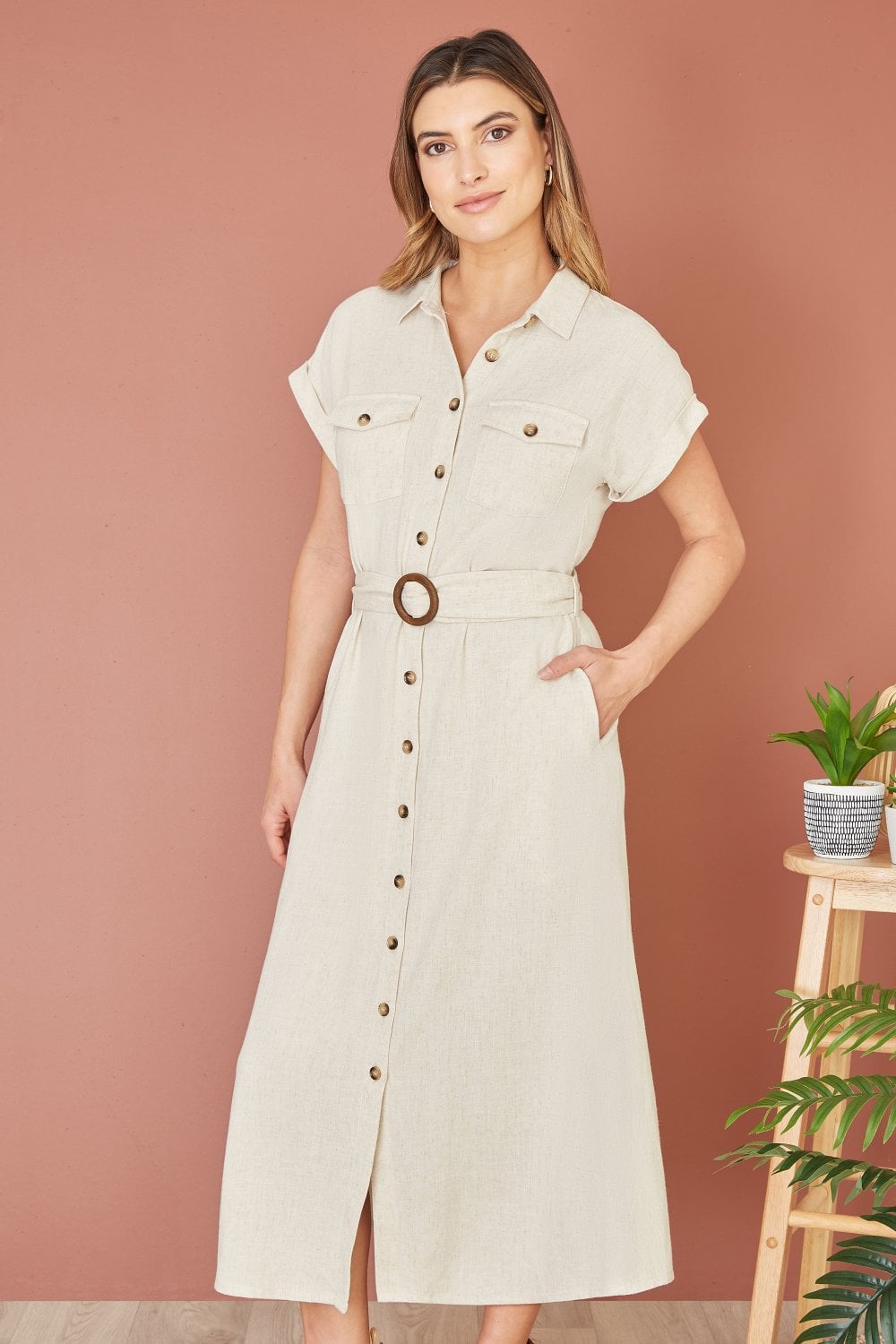 Yumi Stone Viscose Linen Look Midi Shirt Dress With Wooden Belt Yumi