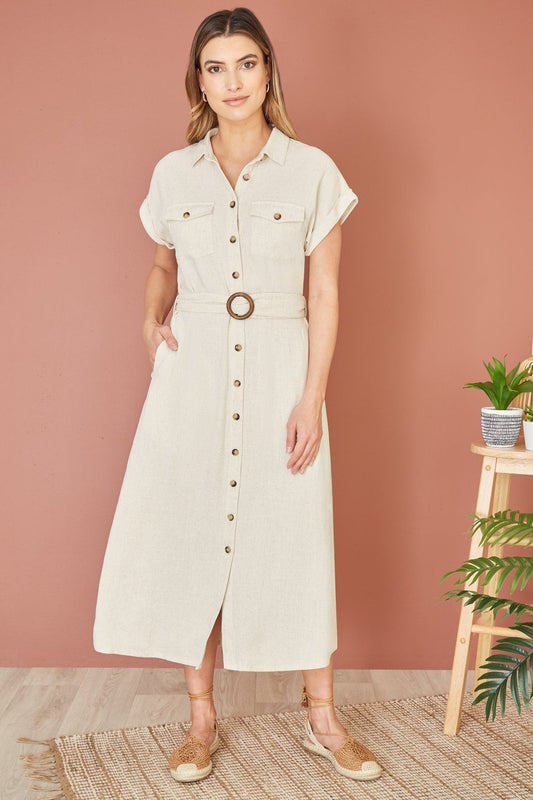 Yumi Stone Viscose Linen Look Midi Shirt Dress With Wooden Belt Yumi