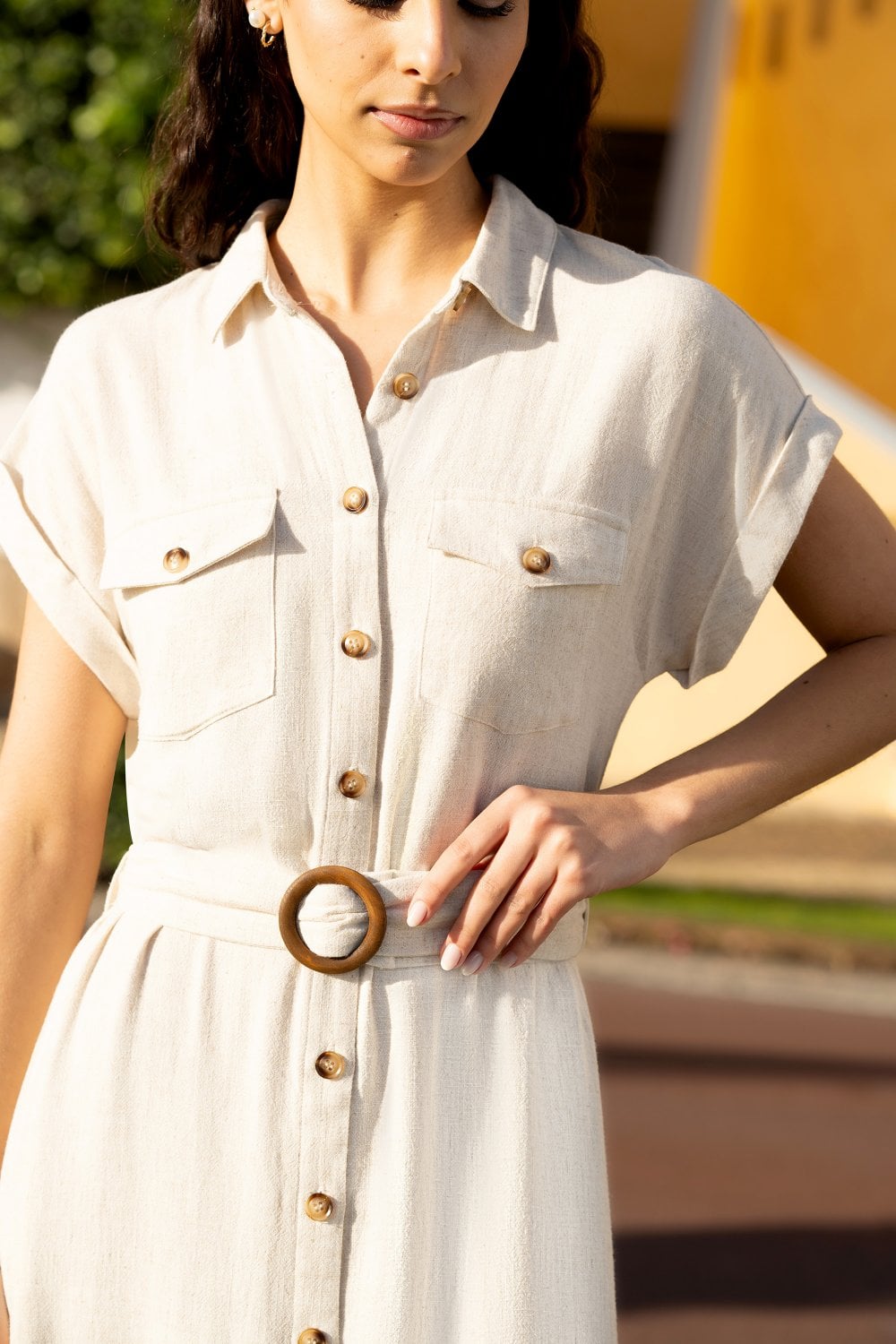 Yumi Stone Viscose Linen Look Midi Shirt Dress With Wooden Belt Yumi