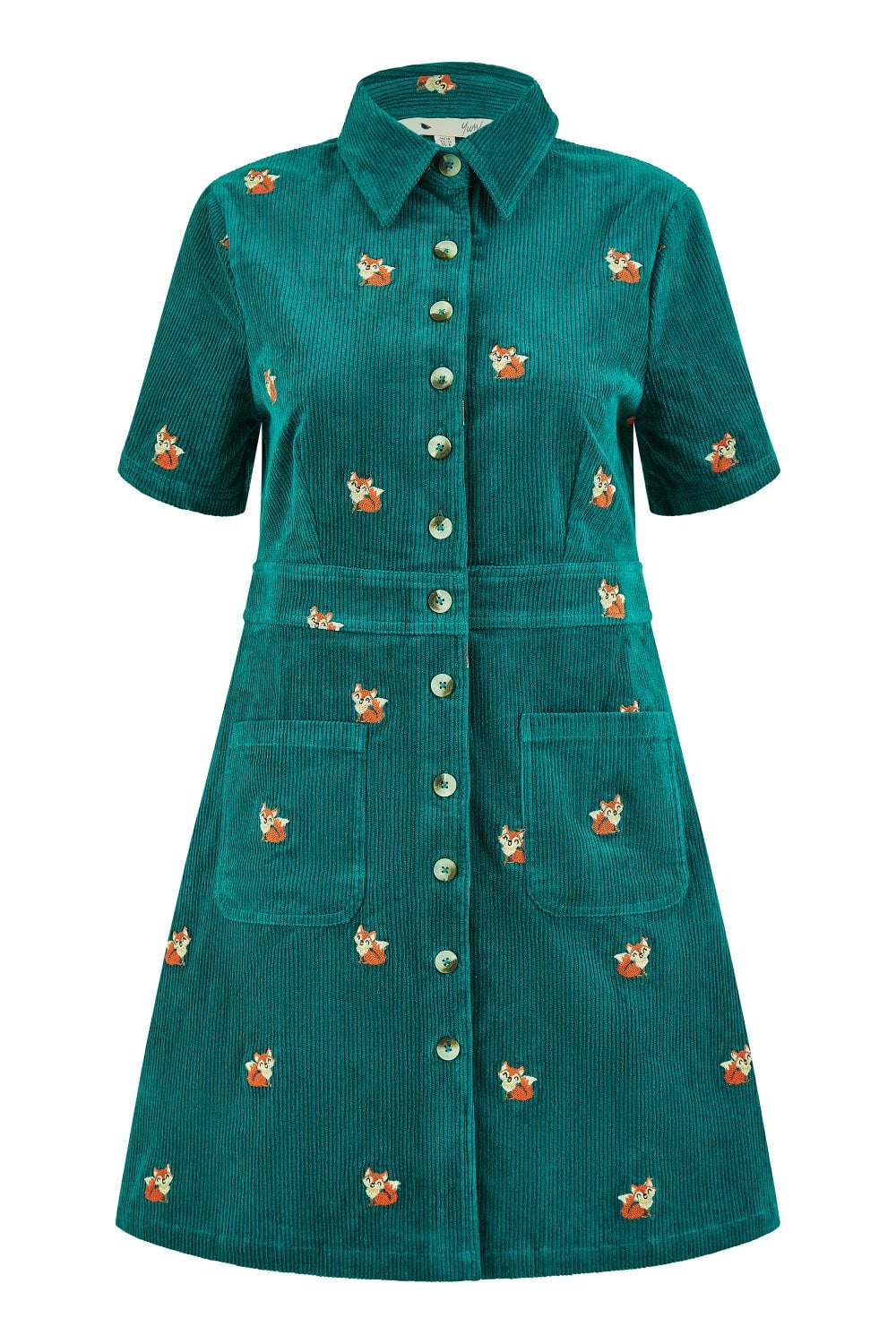 Yumi Teal Cord Shirt Dress With All Over Fox Embroidery Yumi