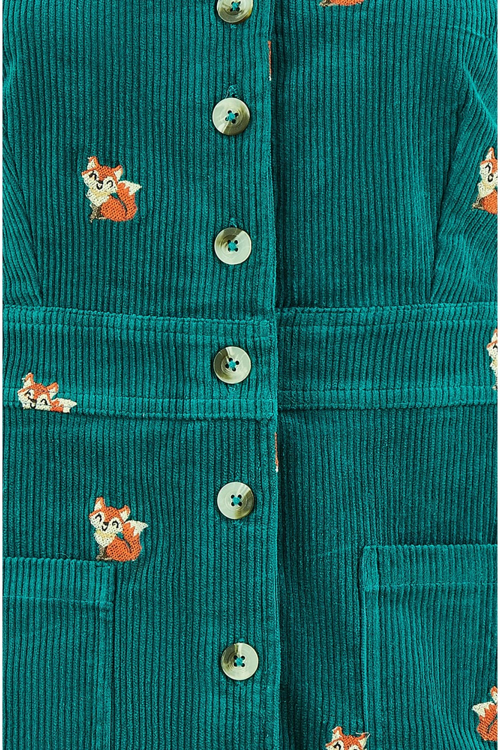 Yumi Teal Cord Shirt Dress With All Over Fox Embroidery Yumi