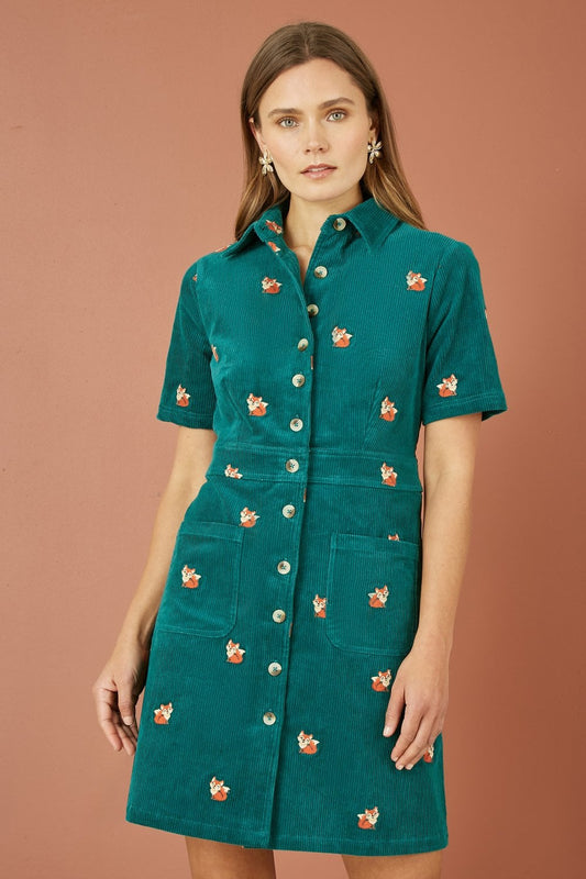 Yumi Teal Cord Shirt Dress With All Over Fox Embroidery Yumi