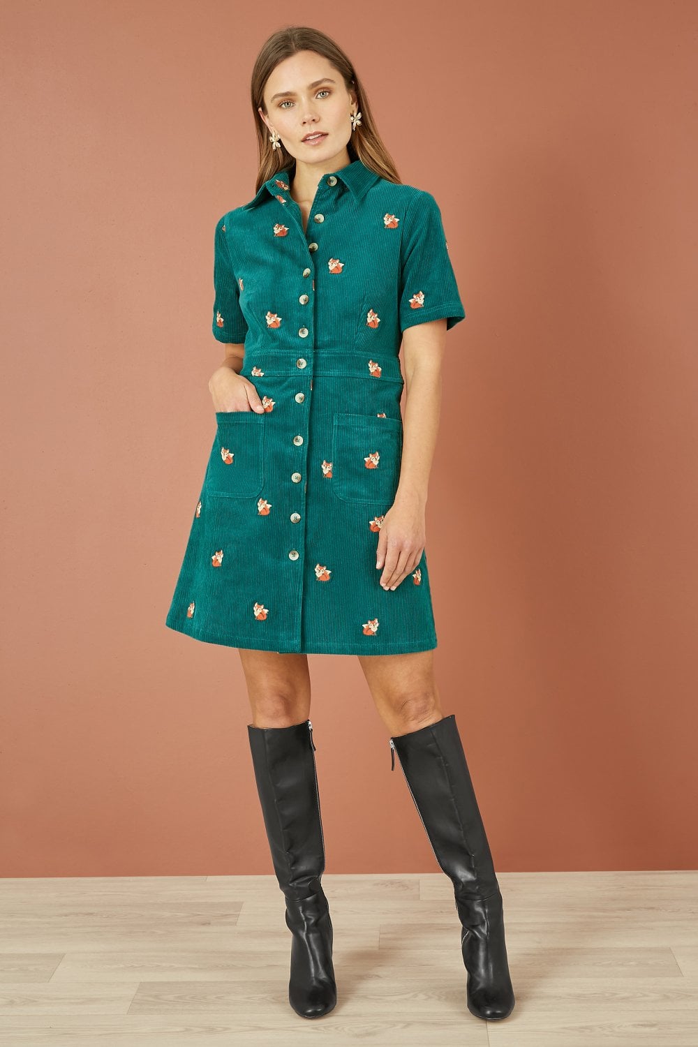 Yumi Teal Cord Shirt Dress With All Over Fox Embroidery Yumi