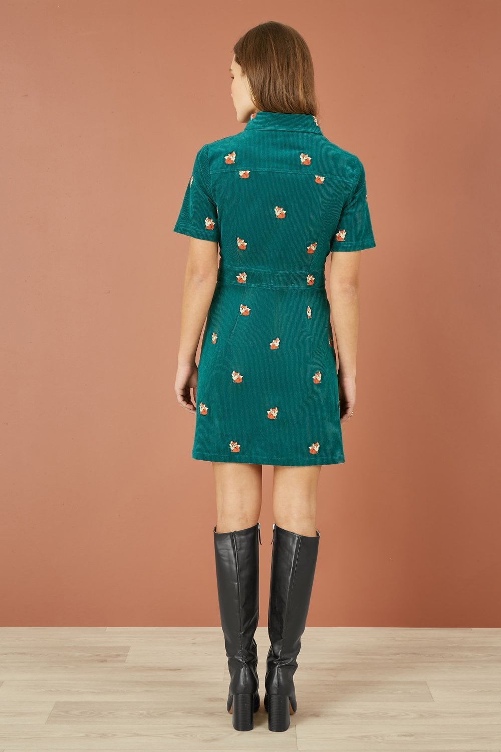 Yumi Teal Cord Shirt Dress With All Over Fox Embroidery Yumi