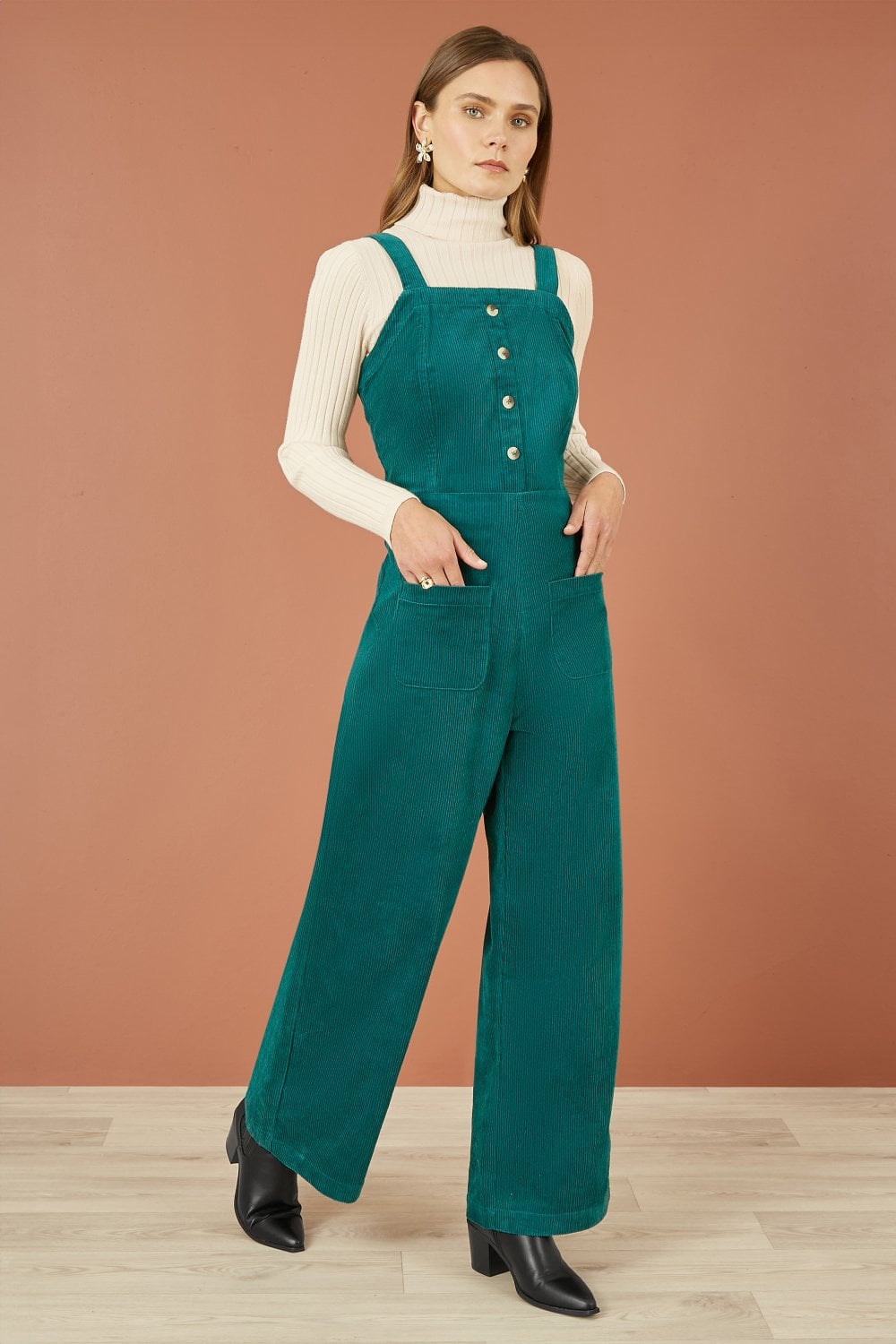 Yumi Teal Cord Stretch Dungaree Style Jumpsuit Yumi