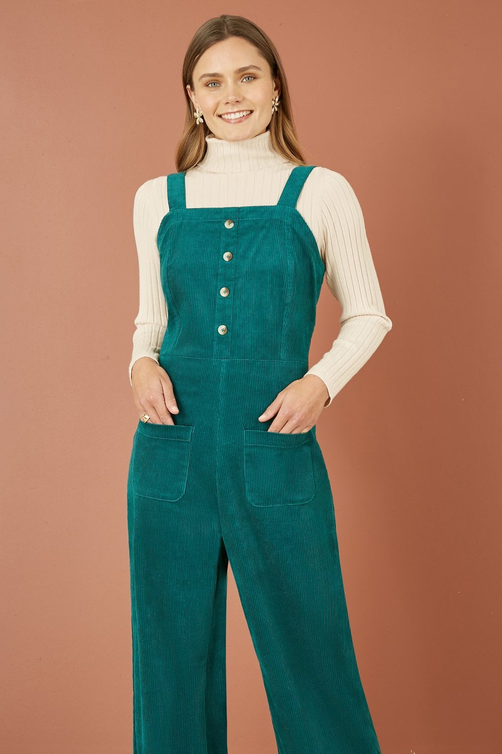 Yumi Teal Cord Stretch Dungaree Style Jumpsuit Yumi